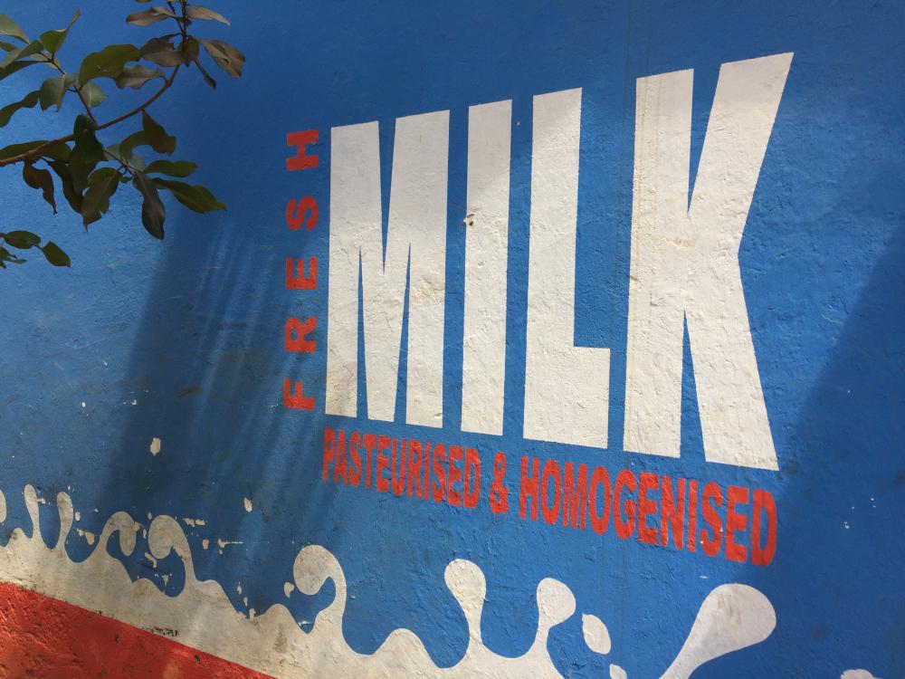 Milk sign an Doinyo Lessos dairy in Kenya